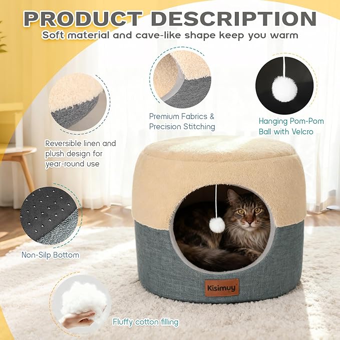 Cat Cave Bed, 2-in-1 Cat House & Lounge with Reversible Plush Cushion, Calming Anti-Anxiety Round Design for Indoor Cats, Kittens, Small Dogs & Puppies, Foldable Round Hideaway, 17.5 Inches