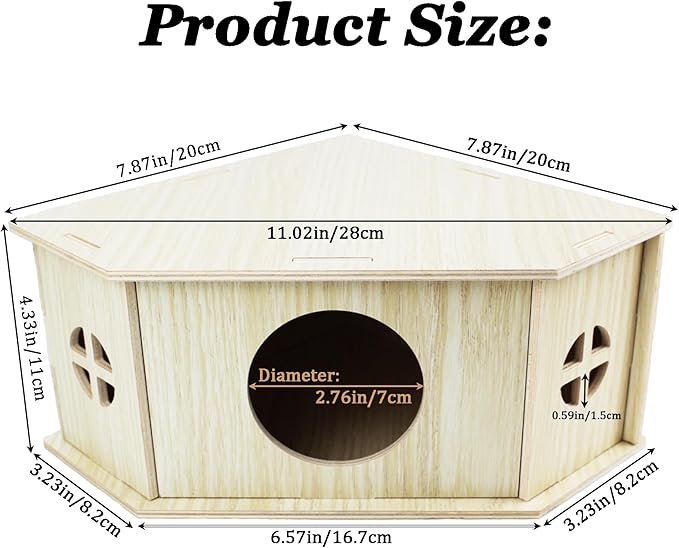 Amonk Triangle Hamster Hideout Wooden Syrian Hamster Toys 8x8x4in Small Animals Houses Exploring Toys with Hole & Windows for Young Gerbil, or Baby Mouse and Other Small Pets