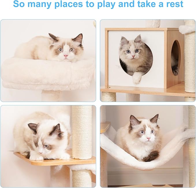 Hey-brother Wooden Cat Tree, 66.1“ Cat Furniture with Scratching Posts, Modern Cat Tower with hammocks, Toys, cat condo, Walnut MPJ120WB
