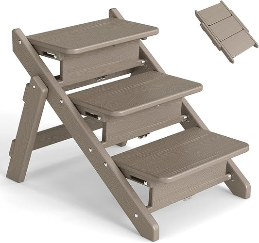 Dog Stairs and Steps, HDPE Plastic Wood Grain, 2-in-1 Foldable Pet Ramp for Small and Medium Dogs and Cats, for Bed Couch and Car, No Assembly Required, Supports Up to 150lbs