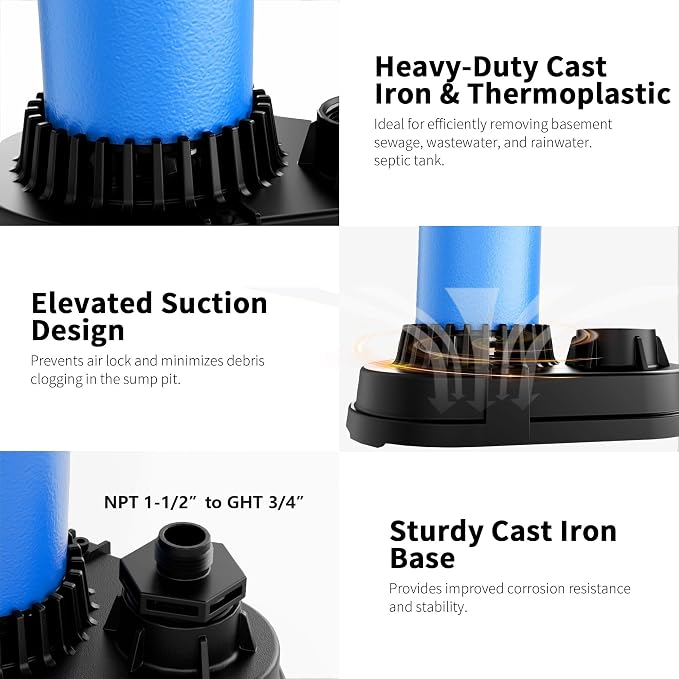 FOTING 3/4HP Submersible Sump Pump,4500 GPH Cast Iron Sewage/Effluent Pump,Automatic Tethered Float Switch,Septic Pump for Basement,Septic Tank,Basin,Sewage Well,1-1/2" NPT Discharge, Dark Blue