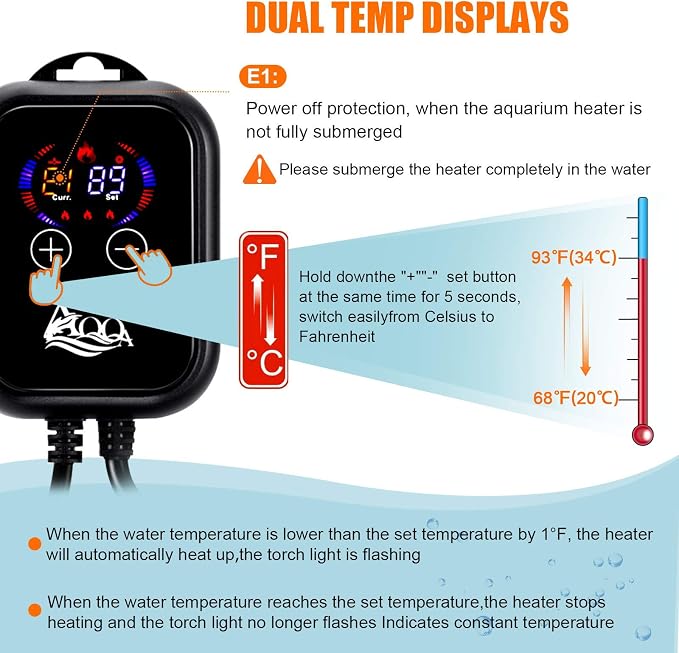 AQQA Aquarium Heater 800W for 80-220 Gallon Fish Tank Heater Submersible Betta Fish Heater for Aquarium Thermostat Heater for Freshwater and Saltwater (800W for 80-220 Gal)