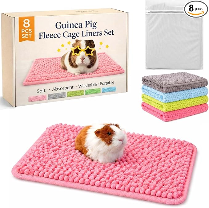 Guinea Pig Fleece Cage Liners Set, 20 * 12In, Washable Absorbent Pee Pads for Small Animals, Non-Slip Bottom, Soft Chenille Fleece Liners for Guinea Pig Cage (8, Assortment Pack)