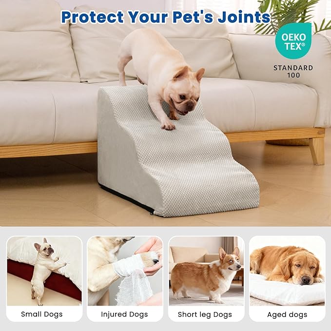 Airpanda Dog Stairs for Small Dogs and Cats – 3 Step Pet Ramp for Couch & Sofa, Non-Slip Dog Steps for Pets, Washable Cover, High-Density Support Foam for Easy Climbing,Light Grey