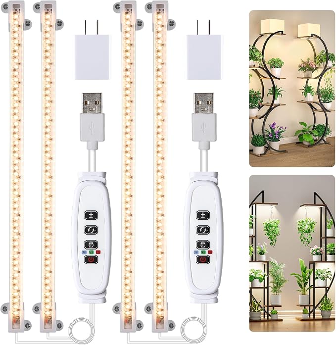 Hywyimlait Two Strip Growing Lamp for Indoor Plants, 3500K Full Spectrum LED Grow Light Strips with Auto ON/Off 3/9/12H Timer & 10 Dimmable Levels for Green House Succulent (2 Headx2 Pack)