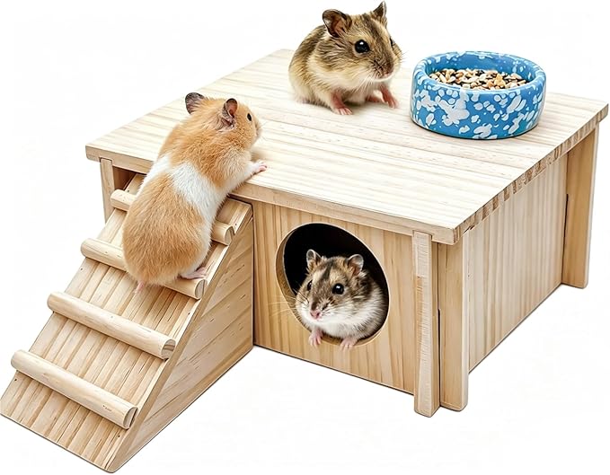 Wooden Hamster Hideout House,Gerbil Hide Hut with Climbing Ladder Platform,Dwarf Syrian Hamster Hideaway Cave Cage Accessories Habitats Decor for Rat Mice Mouse and Other Small Pets