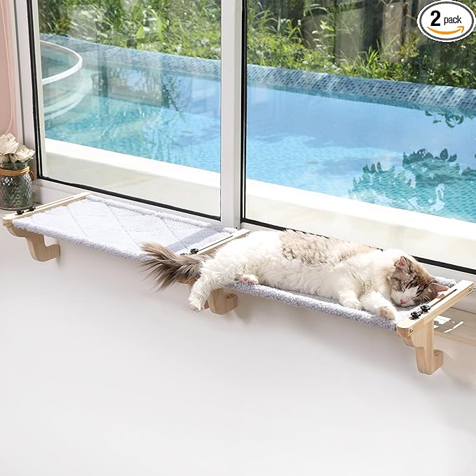 Zakkart 2PC Easy Seat Cat Perch for Window Sill - Hammock Design w/Pine Wood & Robust Metal Frame - Cat Window Seat for Large Cats and Kittens (Natural Color Wood w/Gray Bed, Large (26''W x 14''D)