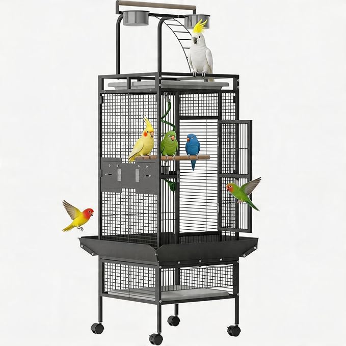 GarveeLife Large Bird Cage 60-inch Playtop Metal Bird Cages with Rolling Stands, Feed Bowls for Parakeets, Conures, Parrot Cage for Medium Large Parrot Cage with Slide-Out Tray Seed Guard, Black