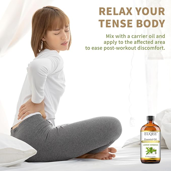 EUQEE Lemon Verbena Essential Oil 118ml - Pure & Natural Citrus Scent Oil for Diffuser, Skincare, Morning Rituals & Aromatherapy, Large Bottle with Dropper