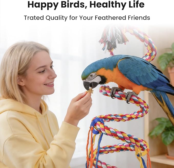 110" Extra Long Bird Rope Perch, 2.4 lb Heavy Duty Cotton Climbing Rope Toy with Bell, Flexible Bungee Swing for Large Parrots Macaw African Grey Cockatoo