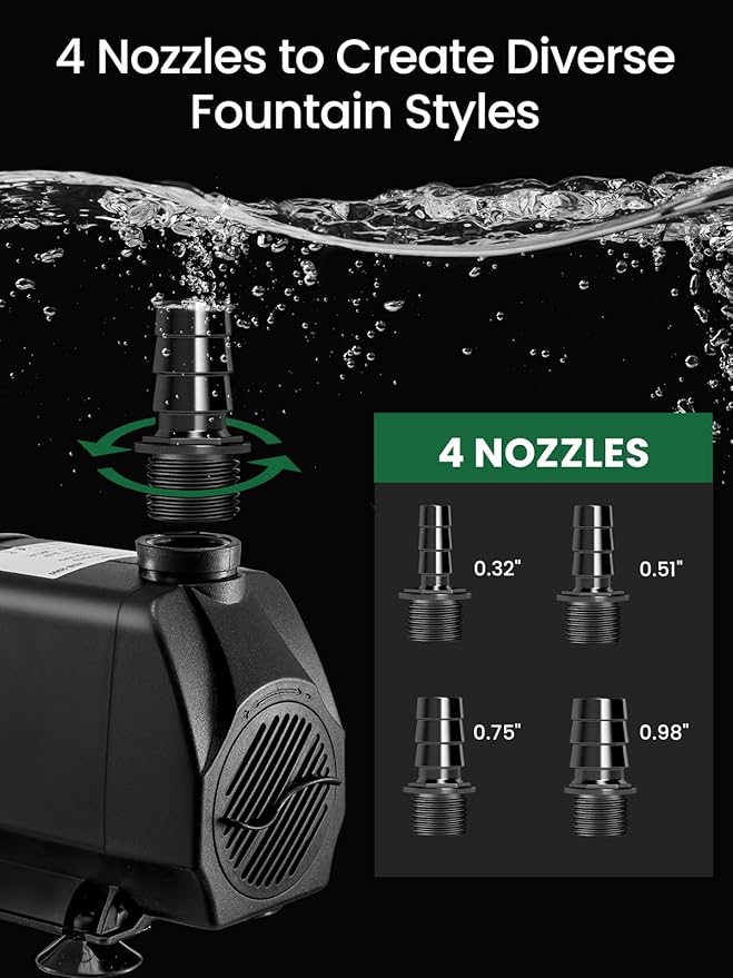 GROWNEER 1100GPH Submersible Pump 90W Fountain Water Pump 4100L/H, with 13ft High Lift, 4 Nozzles for Aquarium, Fish Tank, Pond, Hydroponics, Statuary, Garden, Black(1100GPH)