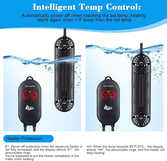 AQQA Aquarium Heater 500W for 66-135 Gallon Submersible Fish Tank Heater 75 Gallon Betta Fish Heater Aquarium Thermostat Heater for Coral Marine & Freshwater Aquarium (500W, 66-135Gal)