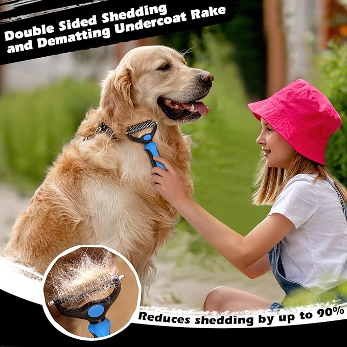 3PCS Self Cleaning Slicker Brush & Pet Grooming Rake & Flea Comb for Dogs, Cats and Horses | Skin Friendly Deshedding Grooming Tool & Double-Sided Dematting Comb | Premium Pet Supplies
