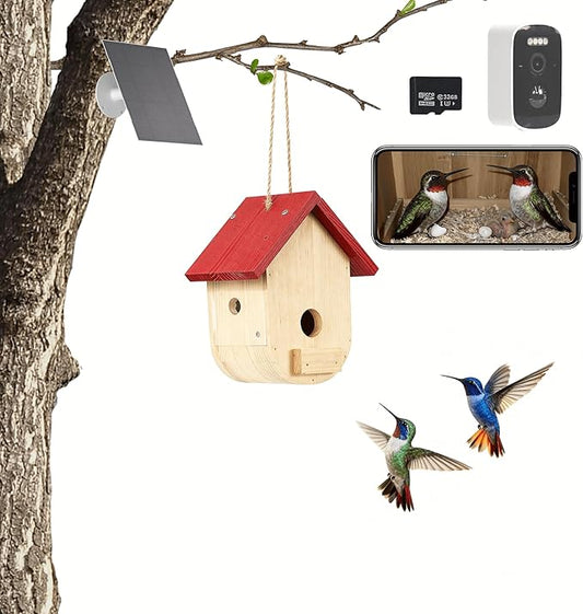 Hummingbird House with Camera Solar Powered, HD Full Color Night Vision Bird Camera, 2.4G WiFi & App Notify, Watch Bird Nesting & Hatching in Real Time, Ideal Gift for Bird Lovers
