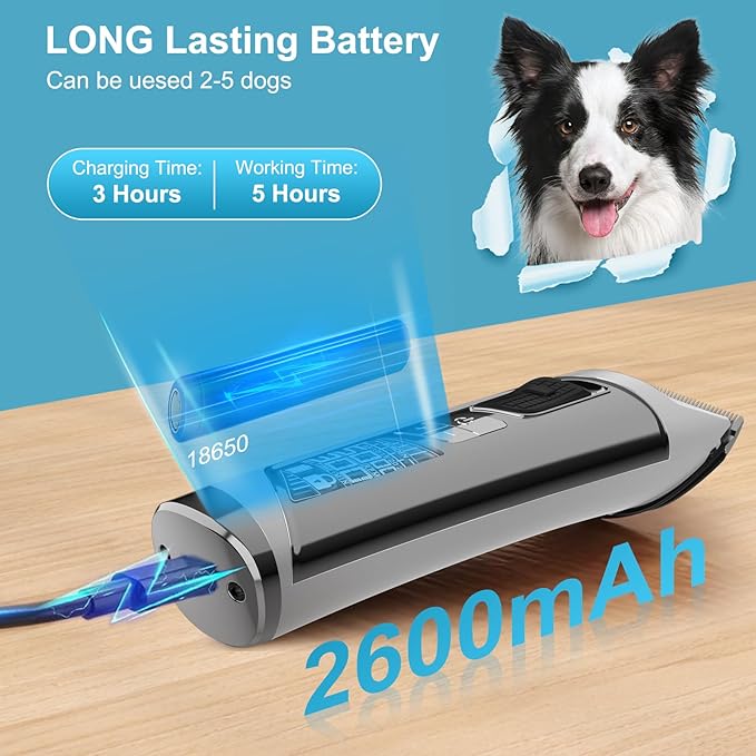 Quiet Dog Grooming Kit - 2000mAh Dog Clippers for Grooming Dog Grooming Clippers for Heavy Thick Hair Coats Waterproof Rechargeable Cordless Clippers Safe and Easy to Clean Home Pet Grooming Silver