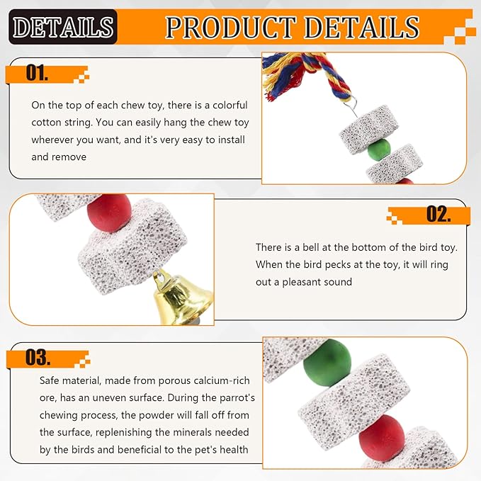 2PCS Bird Beak Grinding Stone, 13.8" Mineral Block for Birds with Bell, Hanging Parrot Chewing Toys for Cage Budgies Cockatiel Hamster Chinchilla