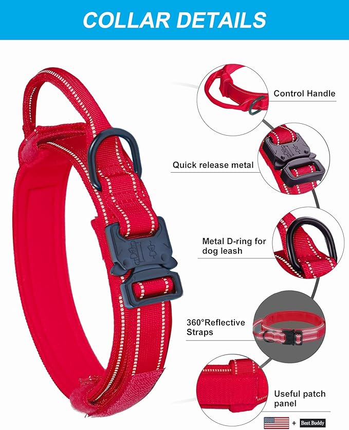 AUBELL Tactical Dog Collar and Leash Set, Reflective Adjustable Heavy Duty Military K9 Collars with Handle and Metal Buckle for Large Dogs, with Airtag Case and 2 Patches(Red,L)
