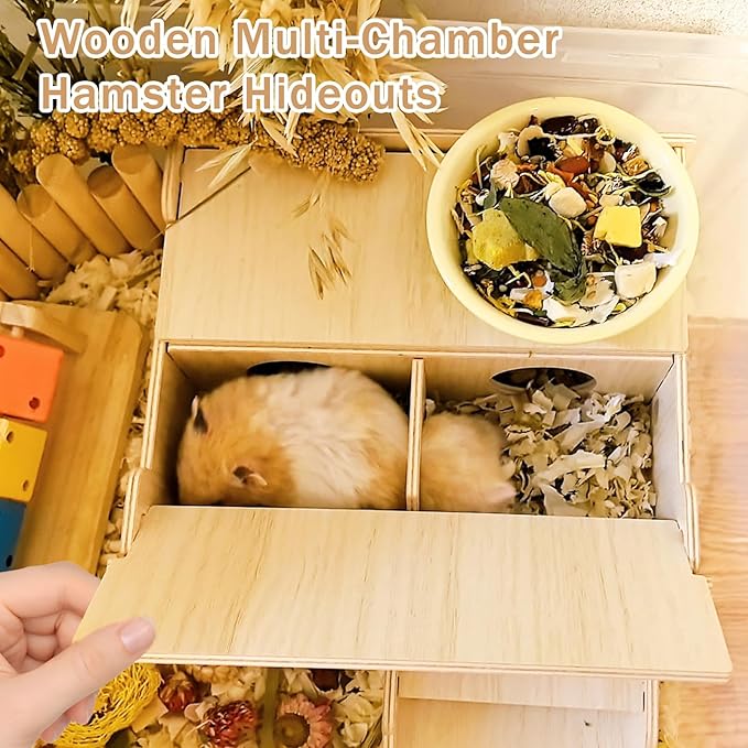 Wooden Hamster Hideout Tunnel Multi-Chamber House Hiding Hut Maze Platform Habitats Exploring Toys for Gerbil Rat Mice