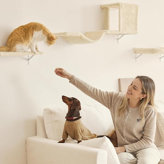 FUKUMARU Cat Wall Shelves, Stable & Safe 5 in 1 Cat Walls Furniture Set, Wooden Kitten Climbing Wall with Scratching Post for 16 Inch Drywall - Beige