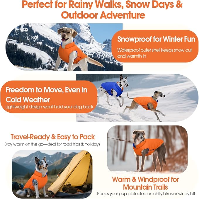 QBLEEV Reversible Dog Coat for Small Dogs, Waterproof Windproof Winter Jacket Keeps Small Breeds Warm & Dry, Lightweight Adjustable Puffer Vest with Leash Hole, Orange, XS – Fits Chihuahua, Yorkie