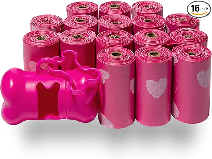 Best Pet Supplies Dog Poop Bags for Waste Refuse Cleanup, Doggy Roll Replacements for Outdoor Puppy Walking and Travel, Leak Proof and Tear Resistant, Thick Plastic - Pink Heart, 240 Bags