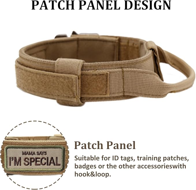 Tactical Dog Collar with Handle - Military Adjustable Dog Training Collar Soft Nylon and Heavy Duty Metal Buckle for Medium Large Dogs - with Patch (Brown, X-Large)