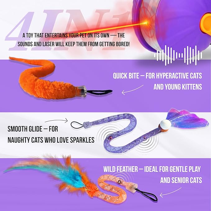 Automatic Cat Laser Toy 4-in-1, Interactive Ball & Laser Pointer for Indoor Cats with 3 Interchangeable Tails, Rechargeable Teasing Pet Toy for Kittens & Adults