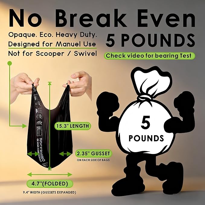 Ultra Thick RockRhino Dog Poop Bags - ECO Heavy Duty, Multi-Layer Bottom, 0% Plastic, 100% Home Compostable, Mint-Scented, Easy Open Tie Handles, Glove-Like Fit - 210 Bags
