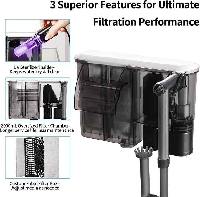U3 Aquarium Filter with Built-in UV Sterilizer for Green Water Control,Extra-Large Filter Chamber,Anti-Splash High Walls & Extended Adjustable Intake Pipe for 30-75 Gallon Fish Tanks