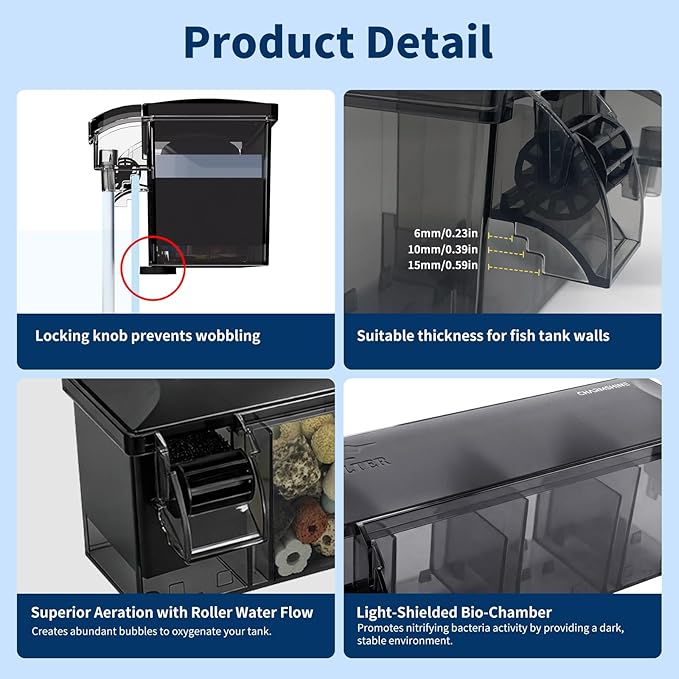 Hang-on-Back Aquarium Filter Box with Reusable Filter Media, Waterfall Oxygenation, Fits High & Low Water Level, for 10-20 Gallon Fish & Turtle Tank (Pump Not Included)