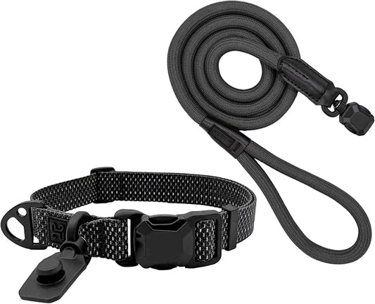 Quick Clip Dog Collar & Rope Leash Set, Black Small – Magnetic Buckle, Reflective