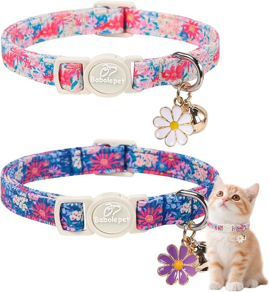 2 Pack Floral Cat Collars - Spring Summer Wildflower Breakaway Safety Cat Collars, Adjustable Soft Boy Girl Kitten Collar for Small Dogs Puppy, Cute Pet Collar with Bell & Pendant