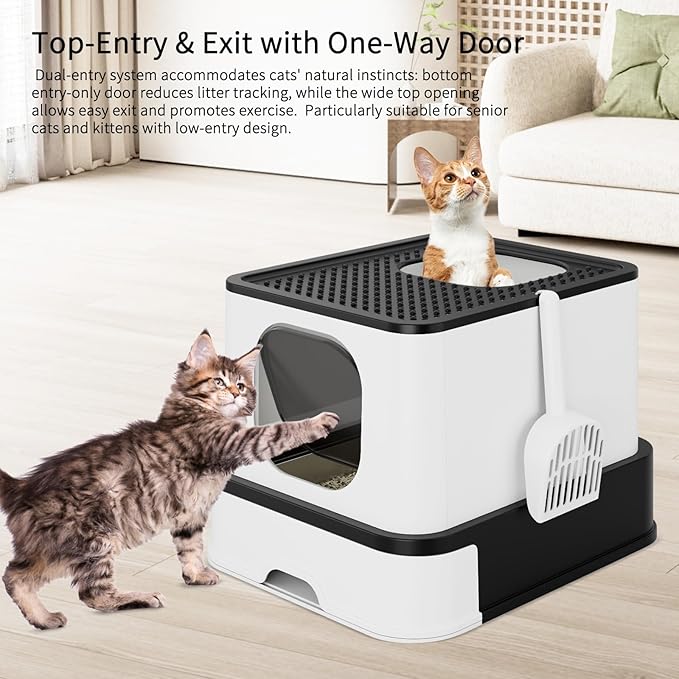 RIZZARI Stainless Steel Litter Box: Large Dual-Entry Enclosed Leakproof Design - Odor-Free Non-Stick Cleaning - Teflon Coating & Pull-Out Sifting Tray for Multi-Cat Homes - Use in Living Room