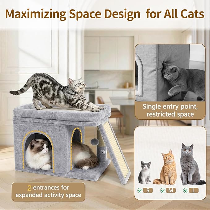 Cat Tree Tower Bed with Scratching Post for Indoor, Heavy Duty Small Stand House Condo for Large Cats & Kittens, Platform Perch Hideout Climb Rest Area, Modern Sturdy Furniture, Light Gray