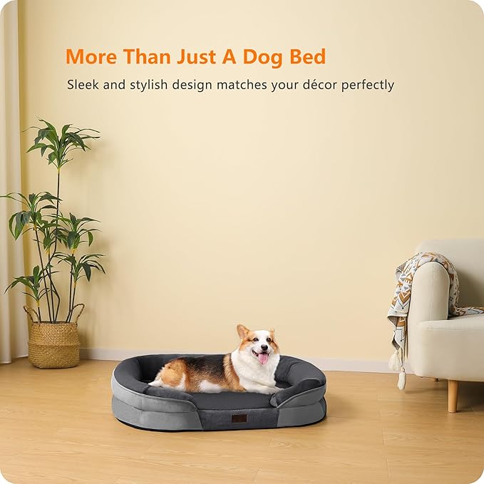 Dwanton Orthopedic Dog Bed for Medium Dogs with Gel Memory Foam, Waterproof Dog Sofa, Washable Pet Bed with Four Sided Bolster Cushion, Removable Cover & Non-Slip Bottom, 36", Dark Gray