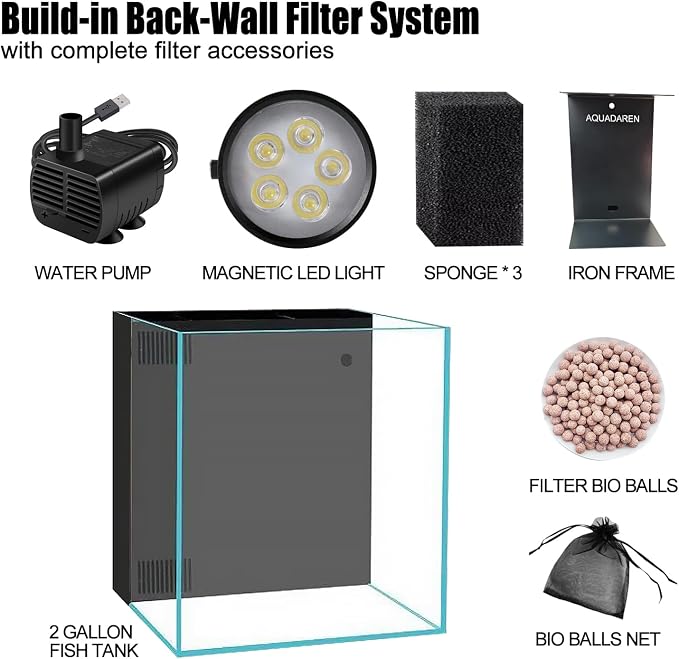 Fish Tank 2.7 Gallon (11L), Glass Nano Aquarium Kit with Water Filter Pump, Iron Tray, & LED Light, Ideal for Small Fish, Shrimp and Plants, Black