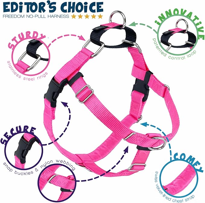 2 Hounds Design Freedom No Pull Dog Harness, Adjustable Harness, Easy Walking & Comfortable Control, Fits Small, Medium & Large Dogs, Solid Colors, Made in USA, 5/8" SM, Hot Pink