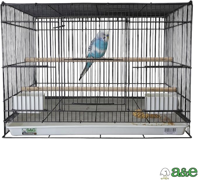 A&E Cage Co 503 Flight Cage – 24"x16"x16" Small Bird Cage with Slide-Out Tray, Wood Perch, Dual Feeding Stations & Carry Handle – Black Powder Coated Cage for Finches, Canaries & Small Birds