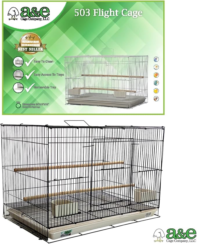 A&E Cage Co 503 Flight Cage – 24"x16"x16" Small Bird Cage with Slide-Out Tray, Wood Perch, Dual Feeding Stations & Carry Handle – Black Powder Coated Cage for Finches, Canaries & Small Birds