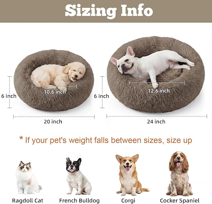 WROS Calming Dog Bed, 20" x 20" x 6" Fits Cat & Dog, Anti-Slip Round Washable Faux Fur for Doze Off, Napping Orthopedic, Khaki