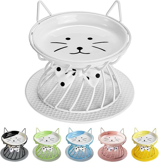Elevated Cat Food Dishes, Whisker-Friendly Cat Plates with Metal Stand for Food and Water, Anti-Vomit, Non-Slip Feeding Station for Indoor Cats, Kitte