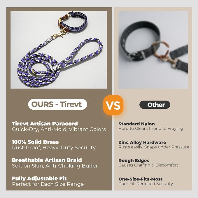 Tirevt Hand-Woven Dog Collar and Leash Set:Color-Block Design, Premium Reinforced Buckle, Adjustable Artisan Paracord for Puppies, Small, Medium & Large Dogs (Purple, S)
