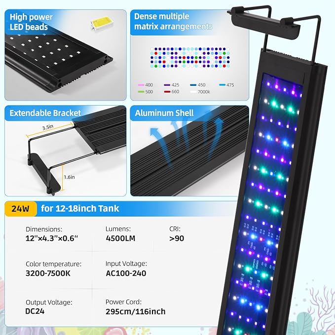 24W LED Saltwater Aquarium Light, Marine Reef Lights for Coral with White, Blue, Cyan, UV Violet LEDs Dimmer 7/24 Timer for SPS/LPS Corals Fish Tanks(12-18in)