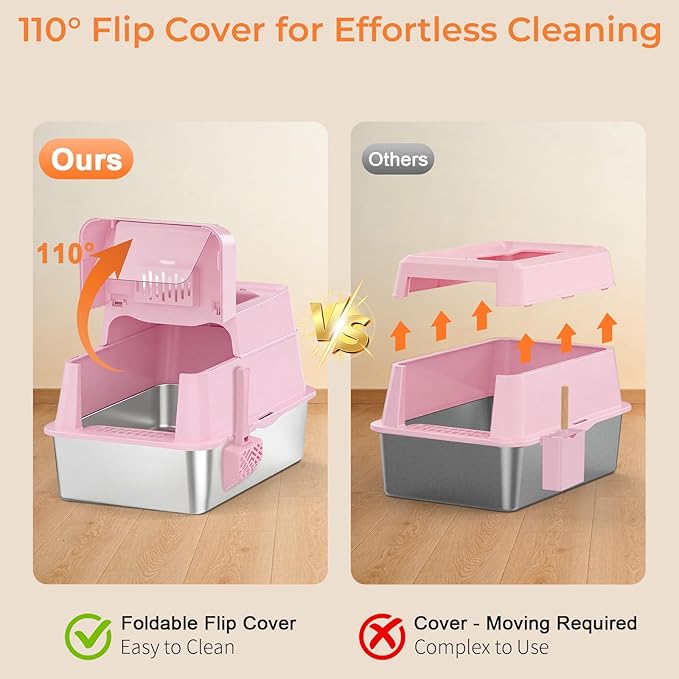 URPOWER Stainless Steel Cat Litter Box with Flip-Top Lid Extra Large Enclosed Litter Box Non-Sticky Metal Pan with High Sided & Scoop, Odor Free, Front & Top Entry, Anti-Leakage, Easy Cleaning