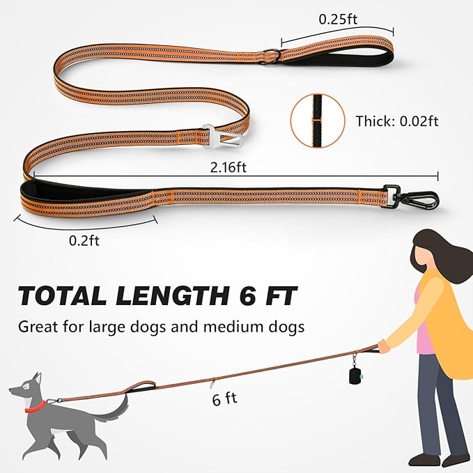 WINGOIN Dog Leash for Large Medium Small Dogs, Heavy Duty Dog Leashes with Double Handle, Poop Bag Holder, Car Seat Belt Buckle, Reflective Tactical Pet Lead for Walking, Training (Orange, 6FT)