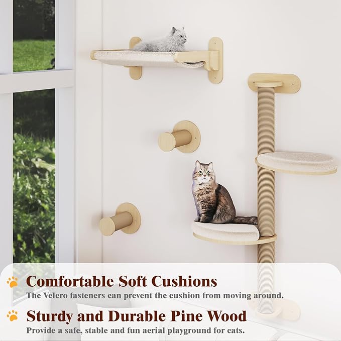BYBYME 7 Pcs Wall-Mounted Cat Shelves, Multi-Level Sturdy Climbing Frame with Scratching Posts, Kitten Platform & Cat Bed for Playing & Resting, Solid Wood Indoor Cat Room Tree（Natural Wood）