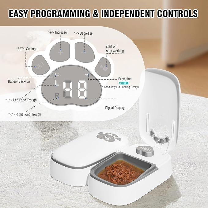 Automatic Cat Feeder 2 Meal, 48H Timer Wet Dry Cat Food Dispenser, with Display and Power Saving Mode, for Cat and Dog Automatic Feeder