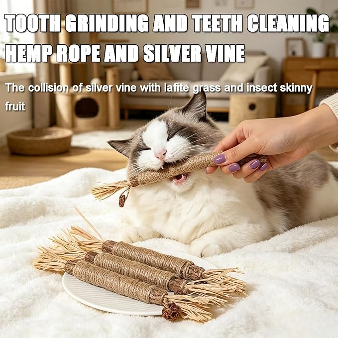 Natural Silvervine Dental Sticks, Silver Vine Sticks Cats with Raffia, Chew Sticks for Cats, Cat Chew Rope for Enrichment Pet Supplies, Calm Cat Boring (6PCS)