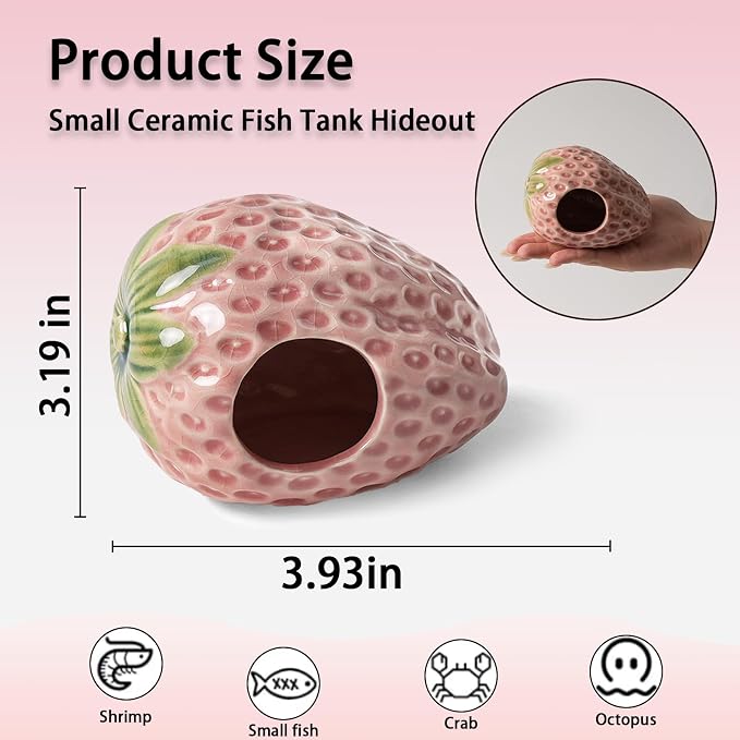 Pink Aquarium Decor Ceramic Cute Strawberry Betta Fish Tank Cave | Smooth-Surface Safe for Fish Hiding & Breeding, Easy-Clean, No Assembly, for Play & Rest,Fits 2.5-5 Gallon Fish Tanks