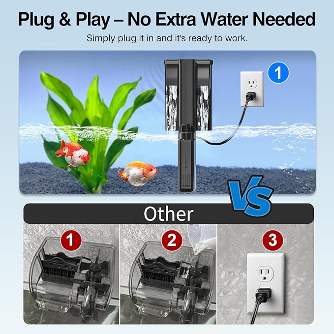 Hang On Back Aquarium Filter Up 10 Gallons Fish Tanks, 2-Stage Multi-Stage Filtration with Surface Skimmer, Ultra Quiet HOB Power Waterfall Filter for Freshwater